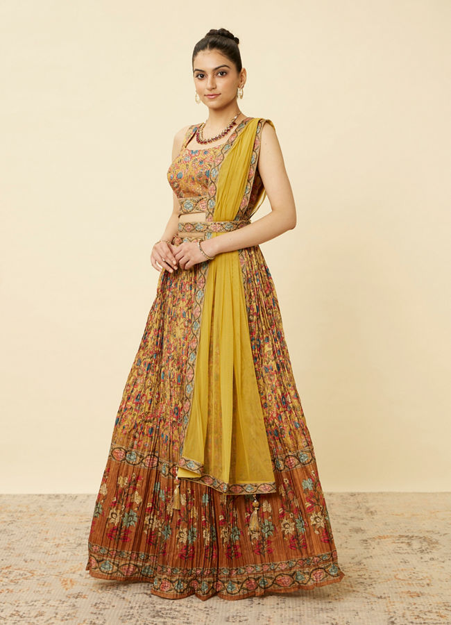 Mustard Yellow Floral Printed Skirt Top Set image number 2